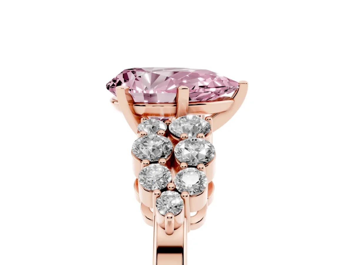 Fancy Pink Pear Cut Cluster Diamond Engagement Ring with Pavé Band and Four-Prong Setting Rose gold