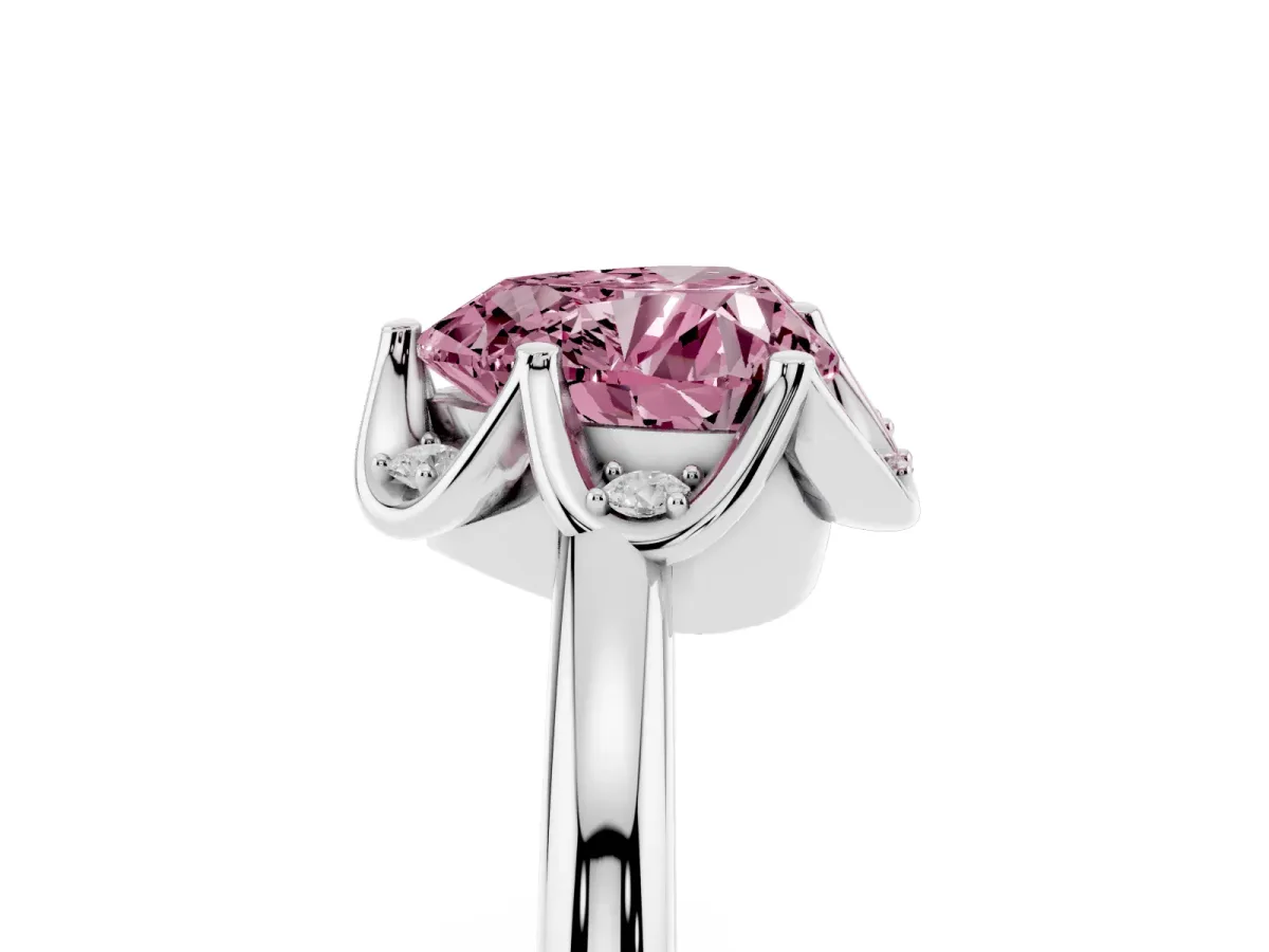 Fancy Pink Heart Cut Halo Diamond Ring with Round Cluster Setting, Solitaire Band, and Four-Prong Setting Silver