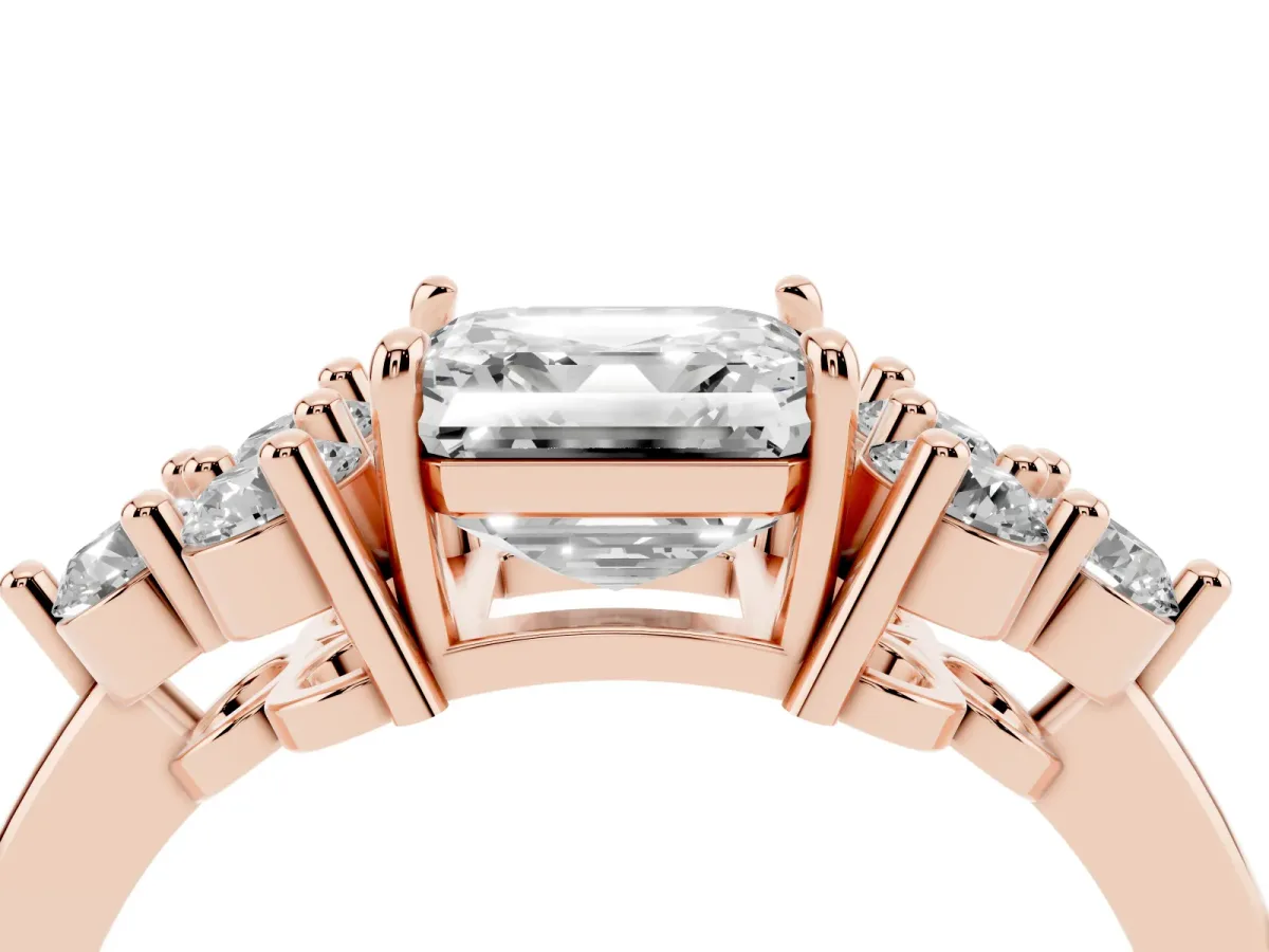 Asscher Cut Brilliant Diamond Cluster Accent Solitaire Ring with Prong Setting Rose gold