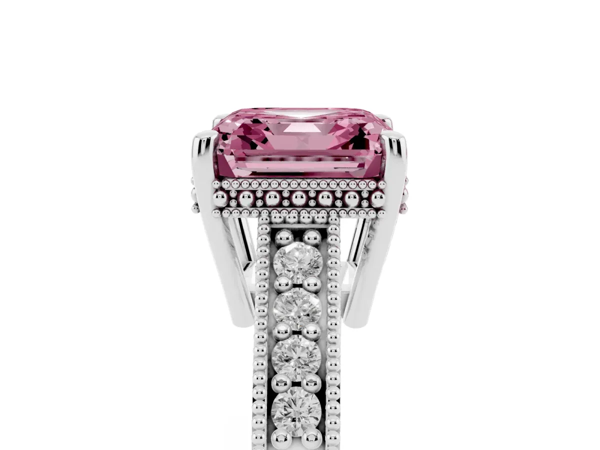 Fancy Pink Asscher Cut Solitaire Pavé Diamond Milgrain Engagement Ring with Four-Prong Setting Platinum