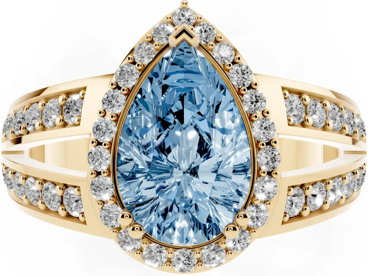 Fancy Blue Pear Cut Diamond Halo Ring with Split Shank Pavé Band and Four-Prong Setting Yellow gold