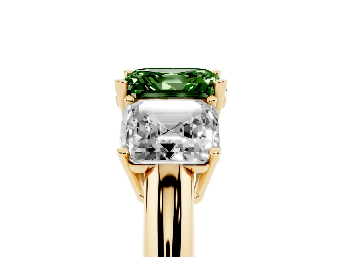 Fancy Green Three-Stone Asscher Cut Cut Diamond Engagement Ring with Prong Setting on a White Gold Band Yellow gold