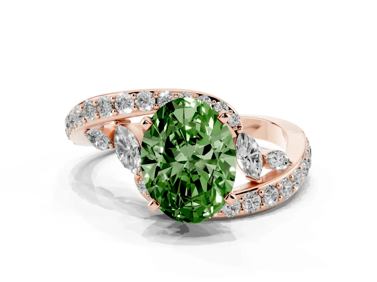 Fancy Green Oval Cut Solitaire with Pavé Twist Band and Four-Prong Setting Rose gold