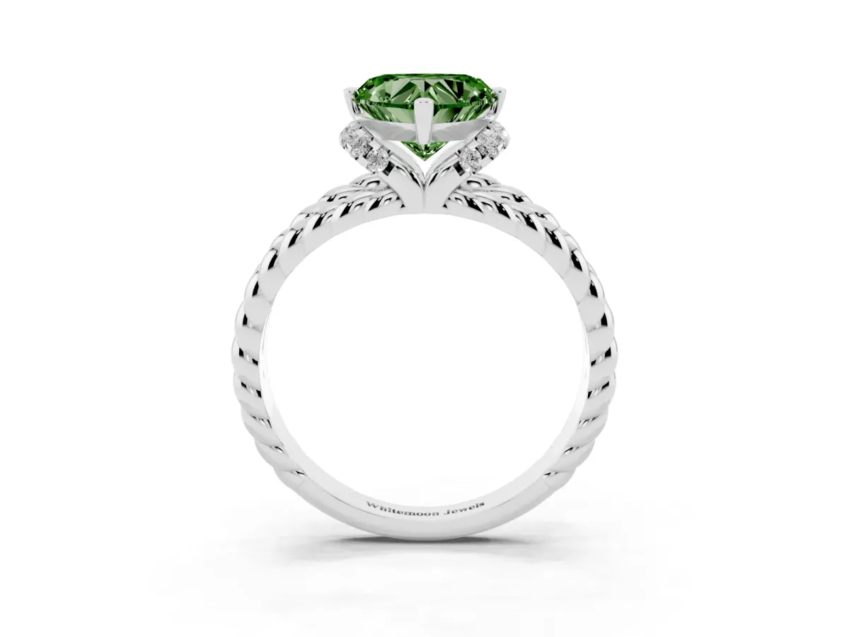 Fancy Green Heart Cut Halo Twisted Band Four-Prong Ring Silver