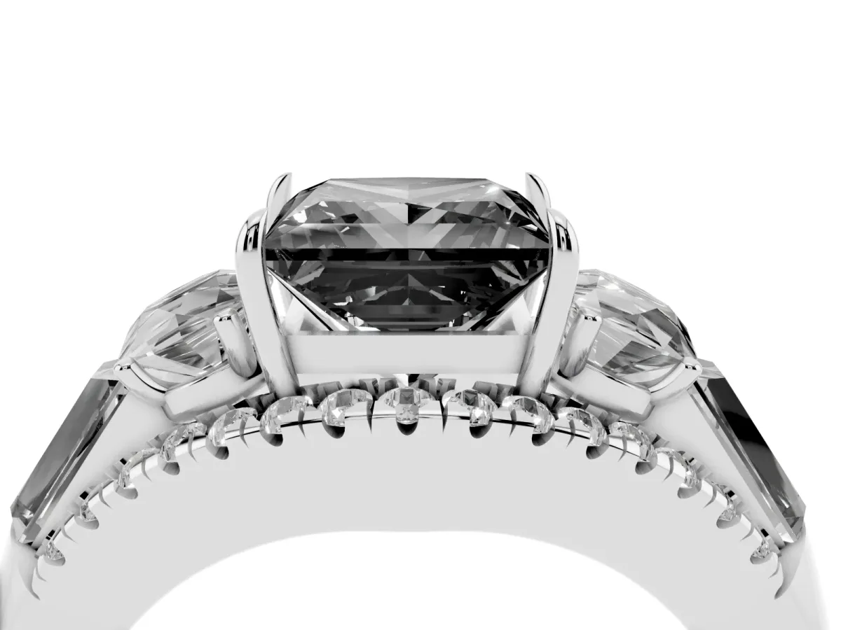 Fancy Black Three-Stone Princess Cut Diamond Engagement Ring with Pave Band and Prong Setting Silver