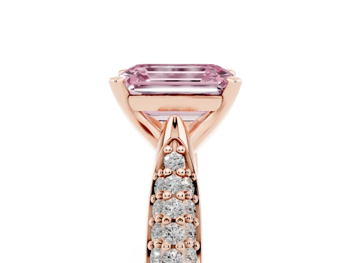 Fancy Pink Emerald Cut Diamond Solitaire Engagement Ring with Multi-Row Round Pavé Band and Prong Setting Rose gold