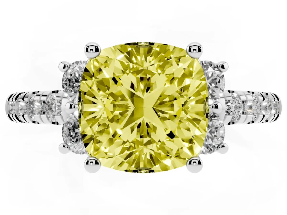 Fancy Yellow Cushion Cut Diamond Three-Stone Pave Band with Four-Prong Setting Silver
