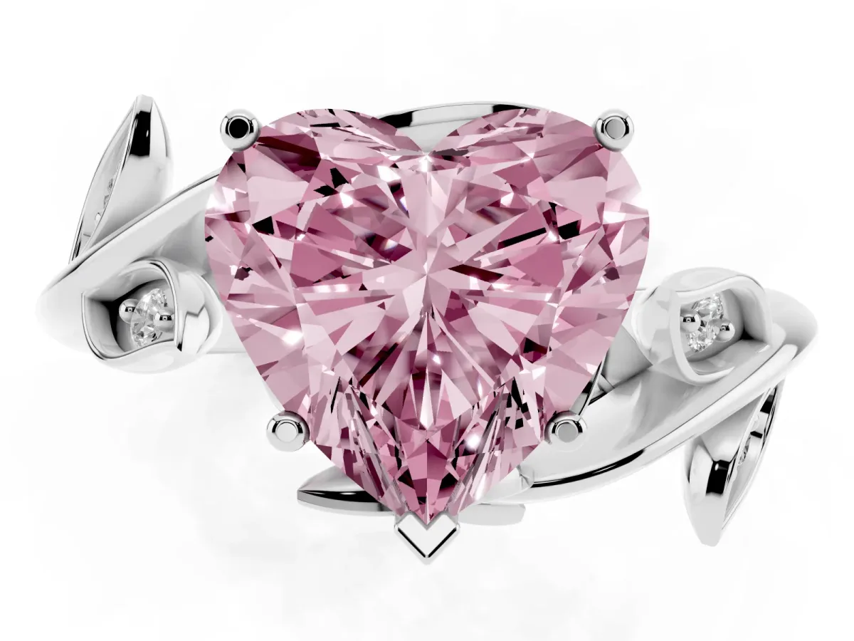 Fancy Pink Heart Cut Solitaire Twist Engagement Ring with Leaf Accents and Prong Setting White gold