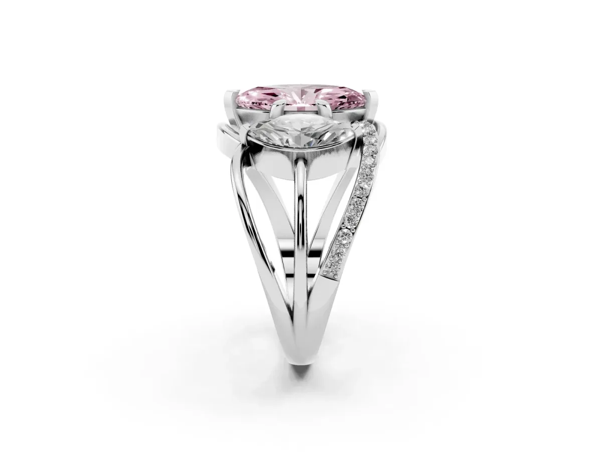Fancy Pink Three-Stone Marquise Cut Cut Diamond Split Shank Prong Set Ring White gold