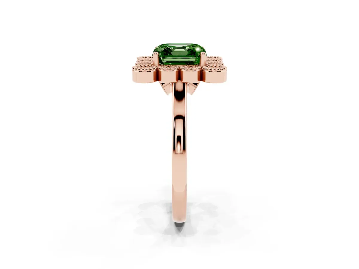 Fancy Green Asscher Cut Halo Diamond Cluster Engagement Ring with Milgrain Bezel Setting and Solitaire Band Rose gold