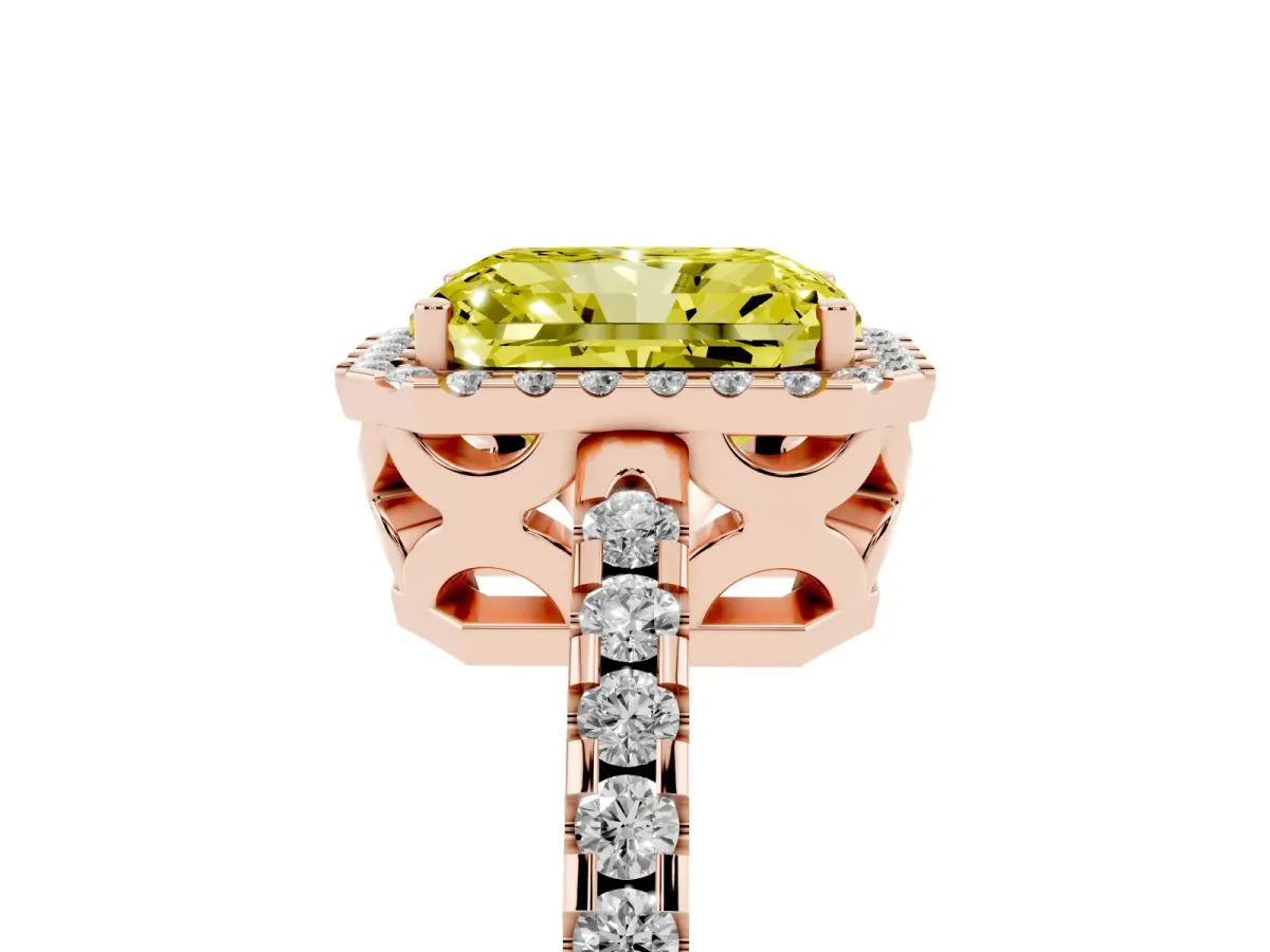 Fancy Yellow Radiant Cut Diamond Halo Engagement Ring with Pavé Band and Prong Setting Rose gold