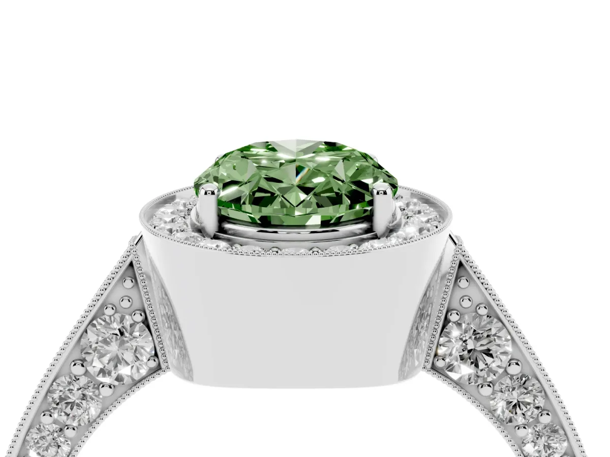 Fancy Green Oval Cut Halo Diamond Engagement Ring with Split Shank Band and Four-Prong Setting Silver