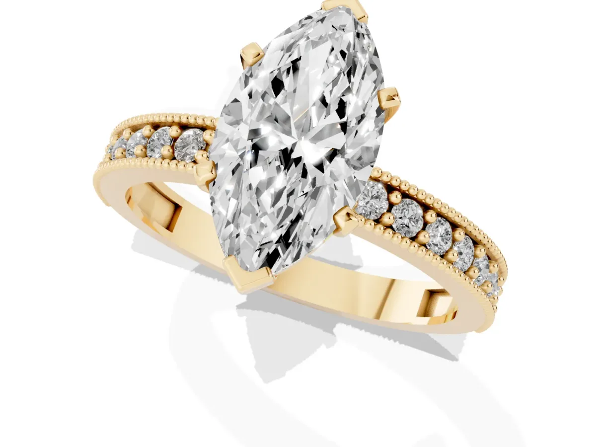 Marquise Cut Diamond Milgrain Pavé Engagement Ring with Four-Prong Setting Yellow gold
