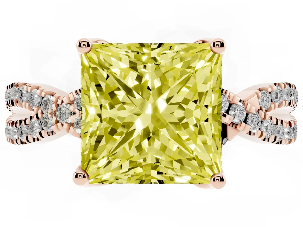 Fancy Yellow Princess Cut Solitaire Twist Pave Diamond Engagement Ring with Prong Setting Rose gold