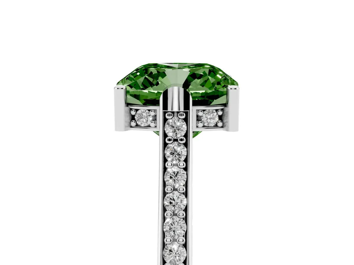 Fancy Green Cushion Cut Solitaire Diamond Ring with Channel Set Band and Bezel Prong Setting Silver