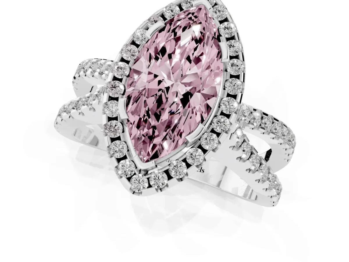 Fancy Pink Marquise Cut Diamond Halo Ring with Split Shank Pavé Band and Prong Setting Silver