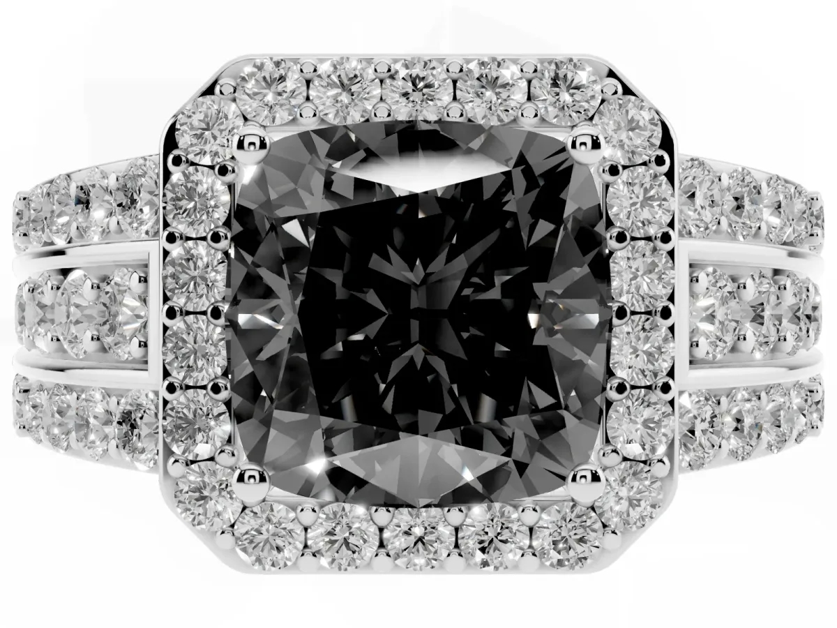 Fancy Black Cushion Cut Halo Diamond Ring with Round Split Shank and Prong Setting Platinum
