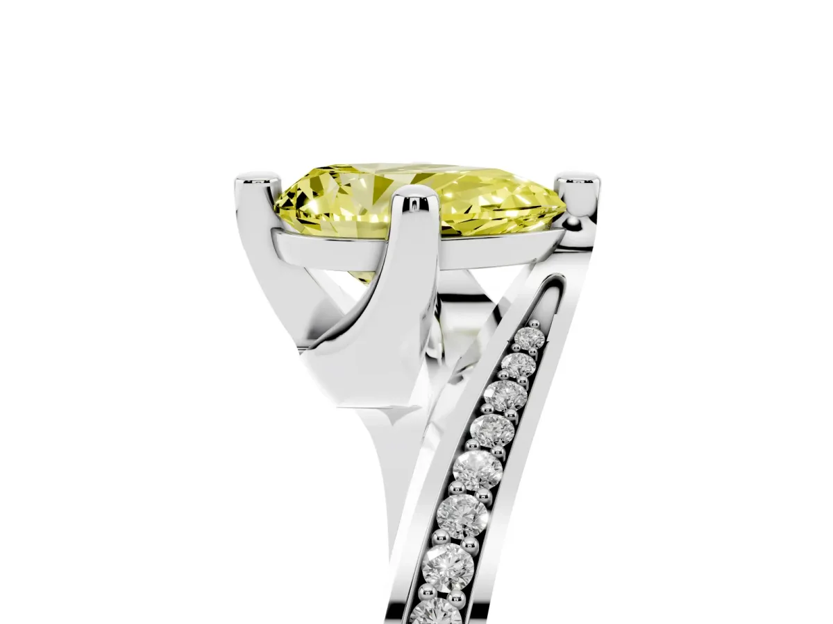 Fancy Yellow Pear Cut Solitaire Diamond Twist Band with Pavé Setting and Four-Prong Setting Silver