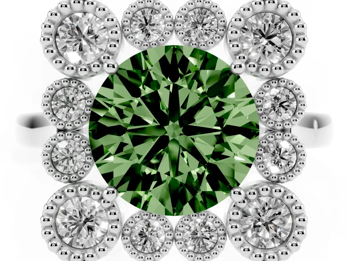 Fancy Green Round Cut Halo Diamond Cluster Engagement Ring with Milgrain Bezel Setting and Solitaire Band Silver