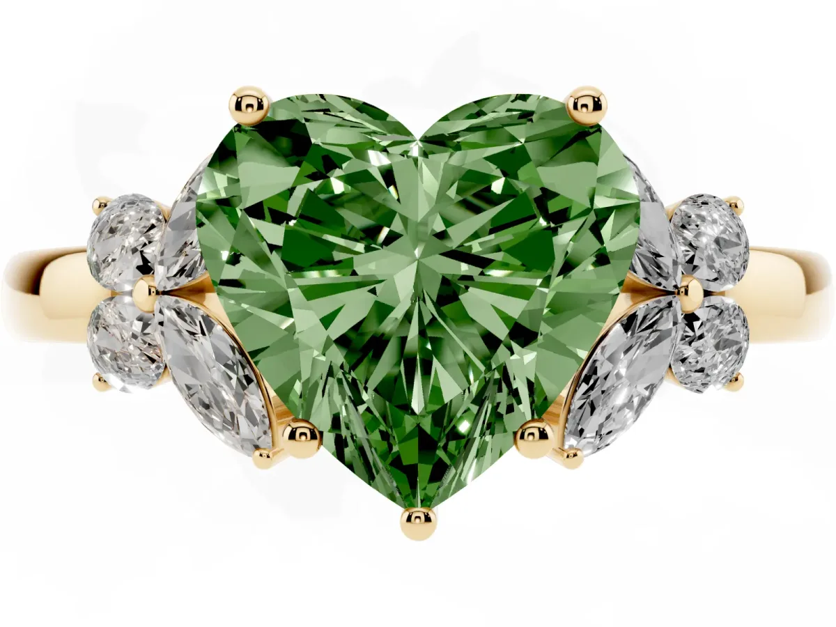 Fancy Green Heart Cut Cut Solitaire Floral Diamond Ring with Four-Prong Setting Yellow gold