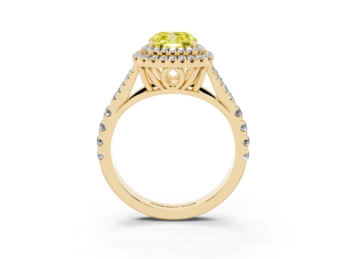 Fancy Yellow Cushion Cut Diamond Pavé Split Shank Double Halo Engagement Ring Yellow gold