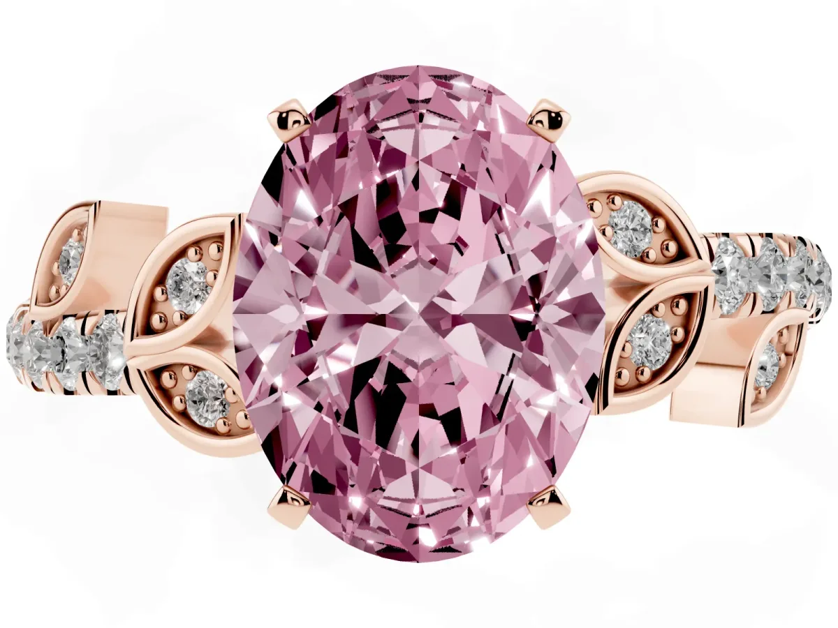Fancy Pink Oval Cut Solitaire Leaf-Inspired Diamond Ring with Pavé Band and Four-Prong Setting Rose gold
