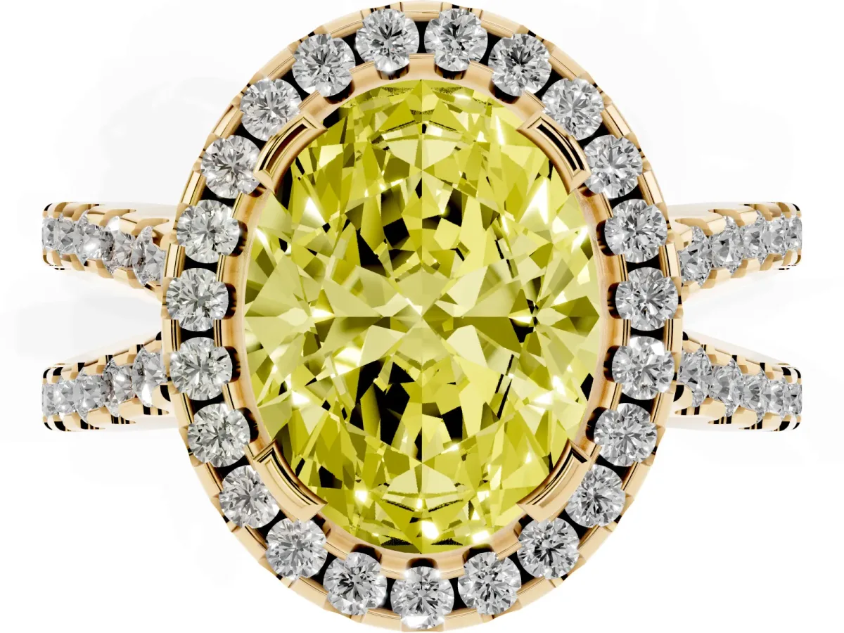 Fancy Yellow Oval Cut Diamond Halo Ring with Split Shank Pavé Band and Prong Setting Yellow gold