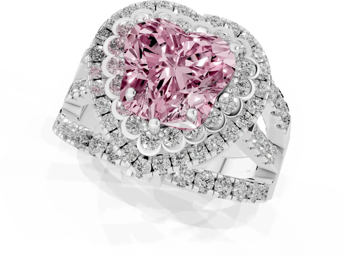 Fancy Pink Heart Cut Diamond Double Halo Ring with Round Pavé Split Shank and Prong Setting Silver