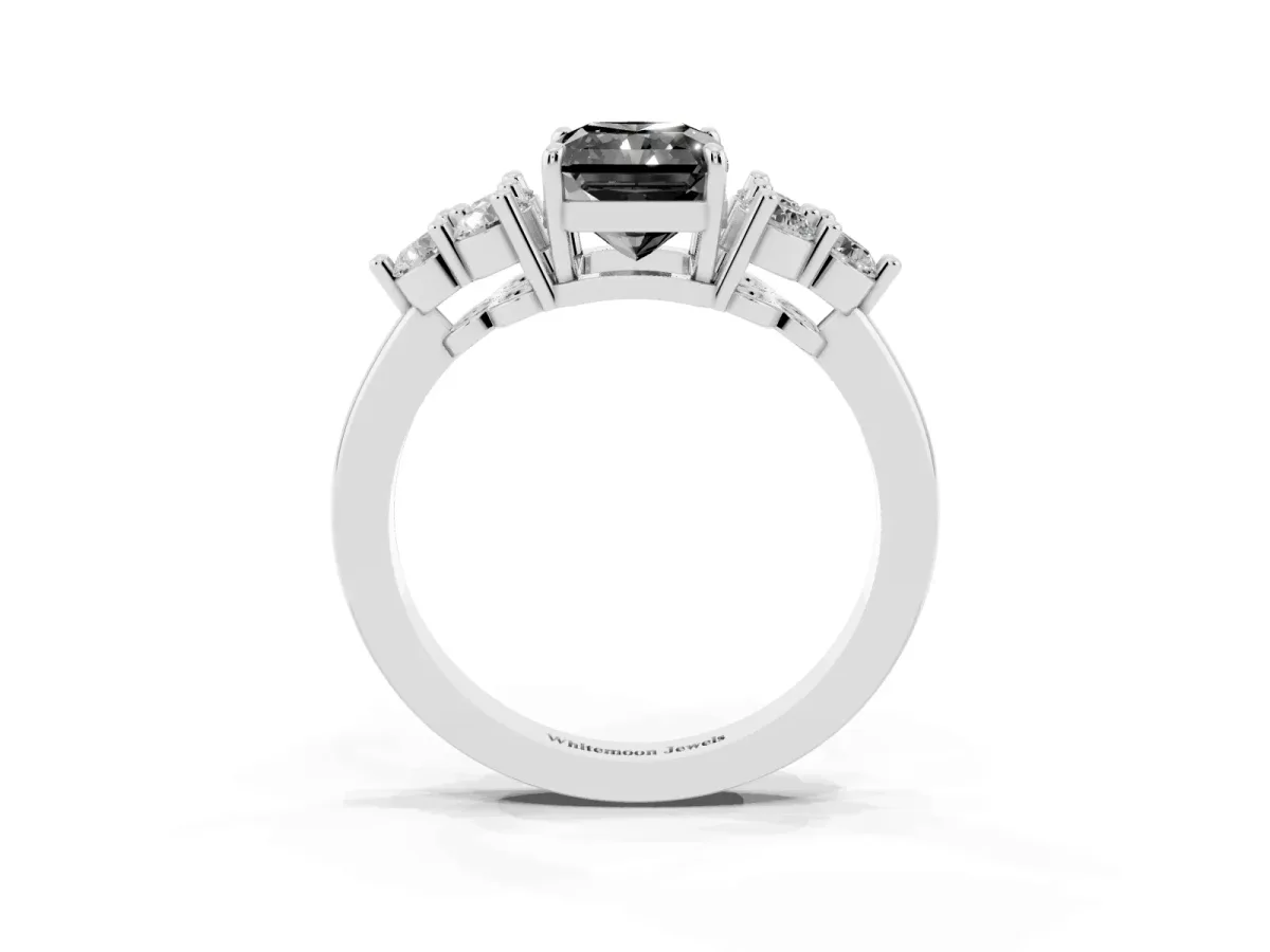 Fancy Black Radiant Cut Brilliant Diamond Cluster Accent Solitaire Ring with Prong Setting Platinum