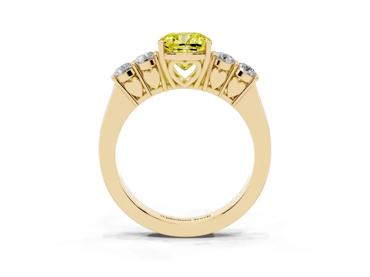 Fancy Yellow Cushion Cut Cut Diamond Five-Stone Prong Set White Gold Ring Yellow gold