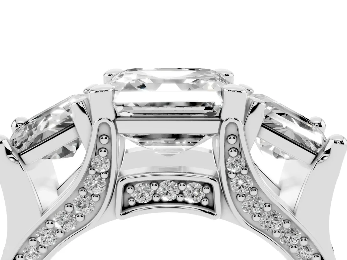 Asscher Cut Diamond Three-Stone Ring with Channel Set Band and Four-Prong Setting Silver