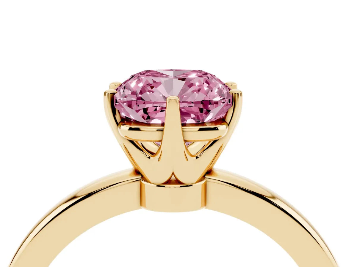 Fancy Pink Cushion Cut Solitaire Diamond Ring with Six-Prong Setting on a Classic Band Yellow gold