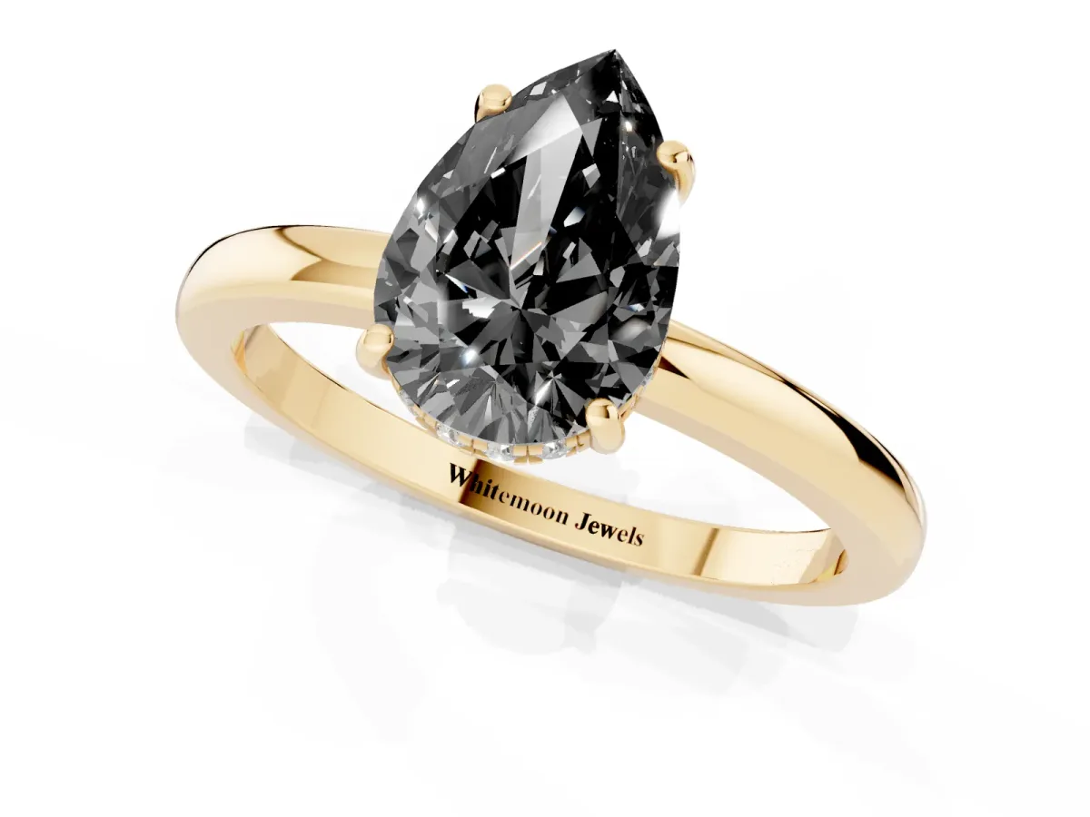 Fancy Black Pear Cut Solitaire Diamond Ring with Prong Setting and Plain Band Yellow gold