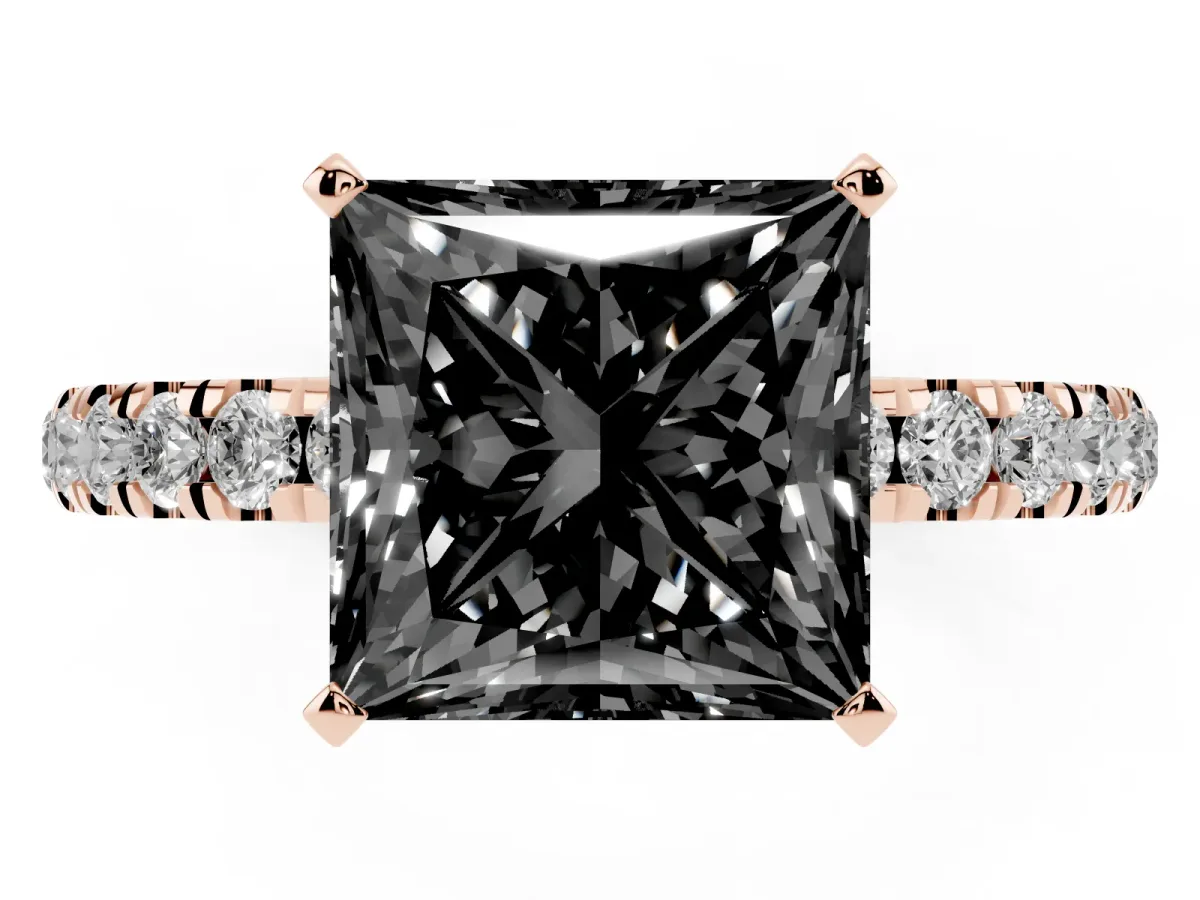 Fancy Black Princess Cut Diamond Solitaire Ring with Pavé Accents and Four-Prong Setting Rose gold