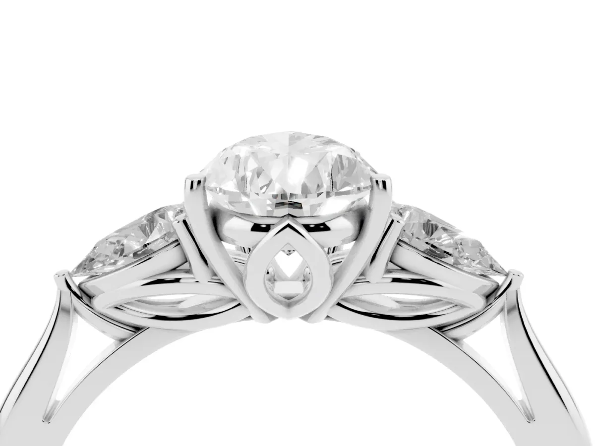 Pear Cut Diamond Three-Stone Ring with Pear Side Stones and Prong Setting Silver