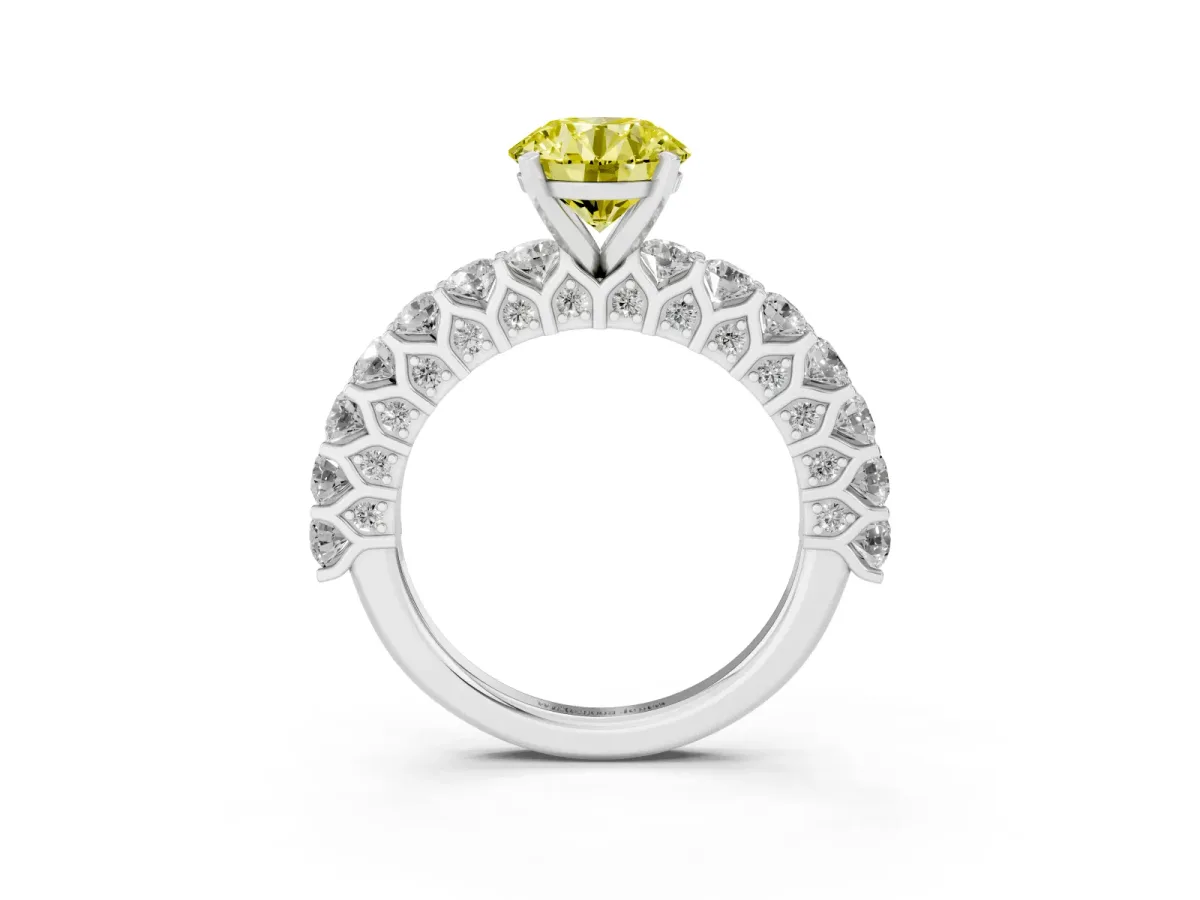 Fancy Yellow Round Cut Diamond Solitaire Ring with Shared Prong Pavé Band and Four-Prong Setting Silver