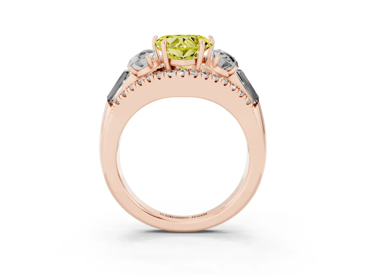 Fancy Yellow Three-Stone Heart Cut Diamond Engagement Ring with Pave Band and Prong Setting Rose gold