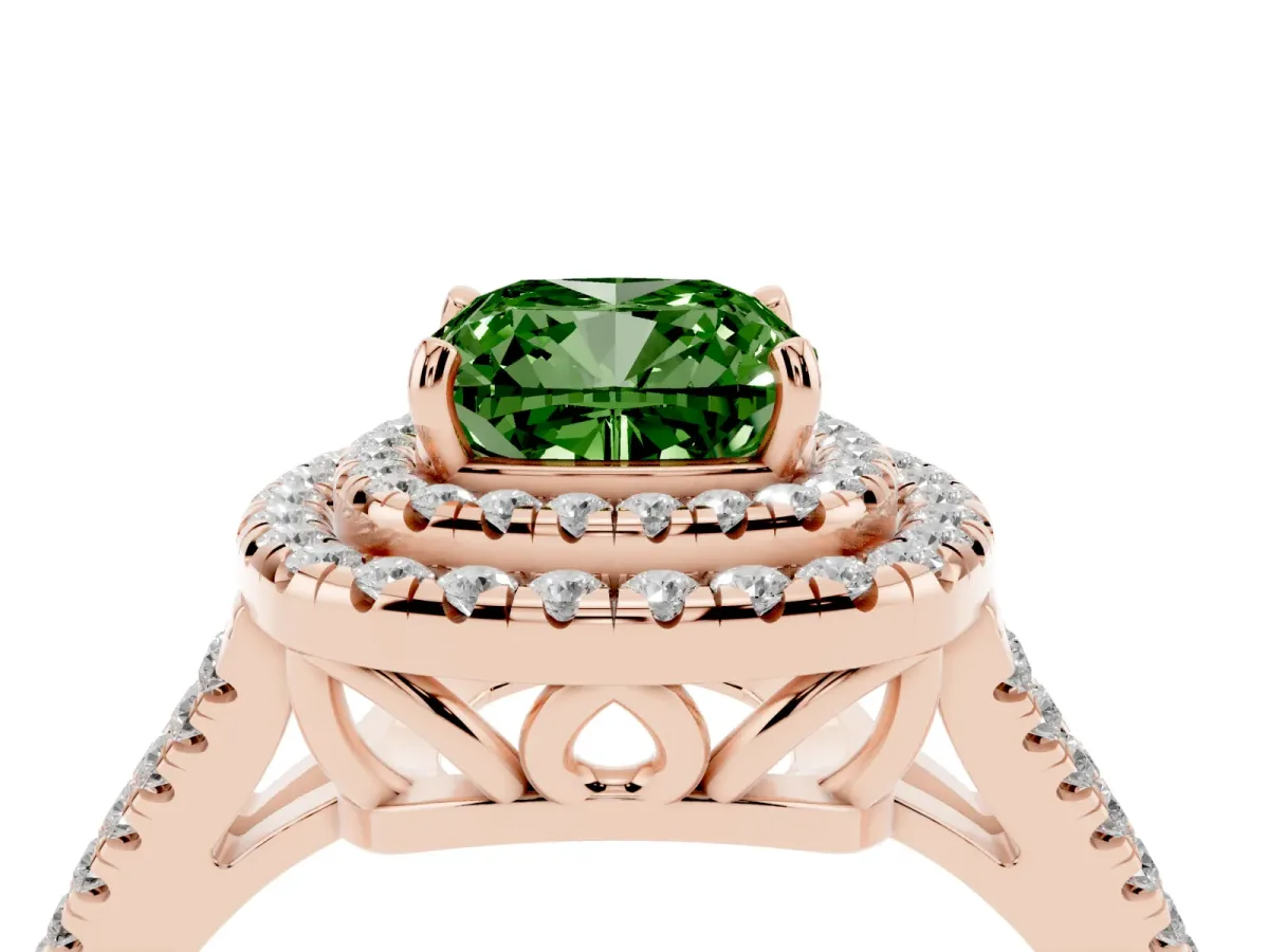 Fancy Green Cushion Cut Diamond Double Halo Ring with Pavé Band and Prong Setting Rose gold