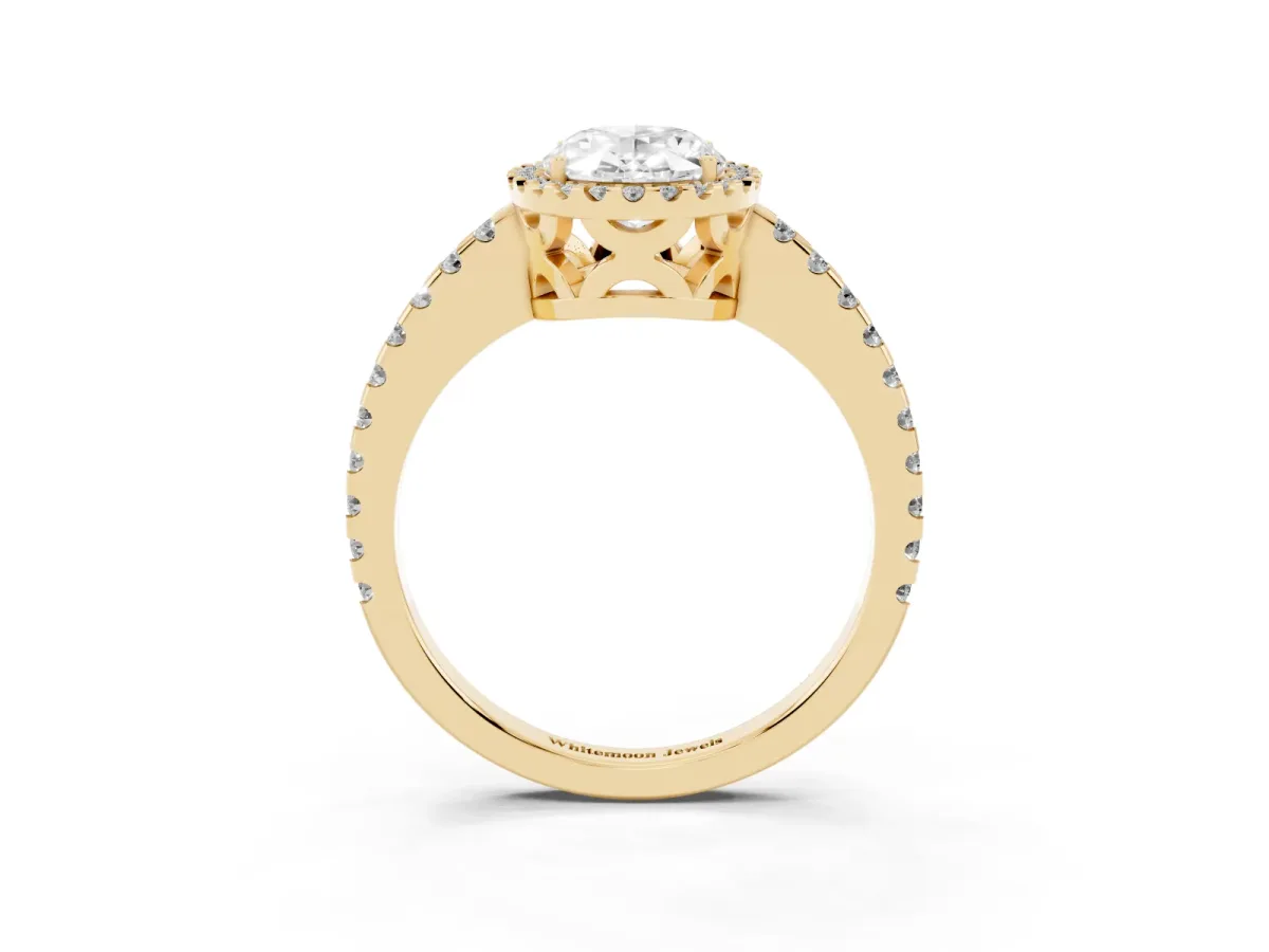 Oval Cut Diamond Halo Engagement Ring with Pavé Band and Prong Setting Yellow gold
