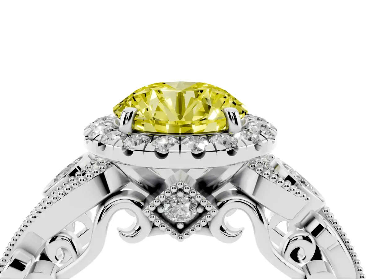 Fancy Yellow Round Cut Halo Diamond Ring with Milgrain and Bezel Accents on a Split Shank Band Silver
