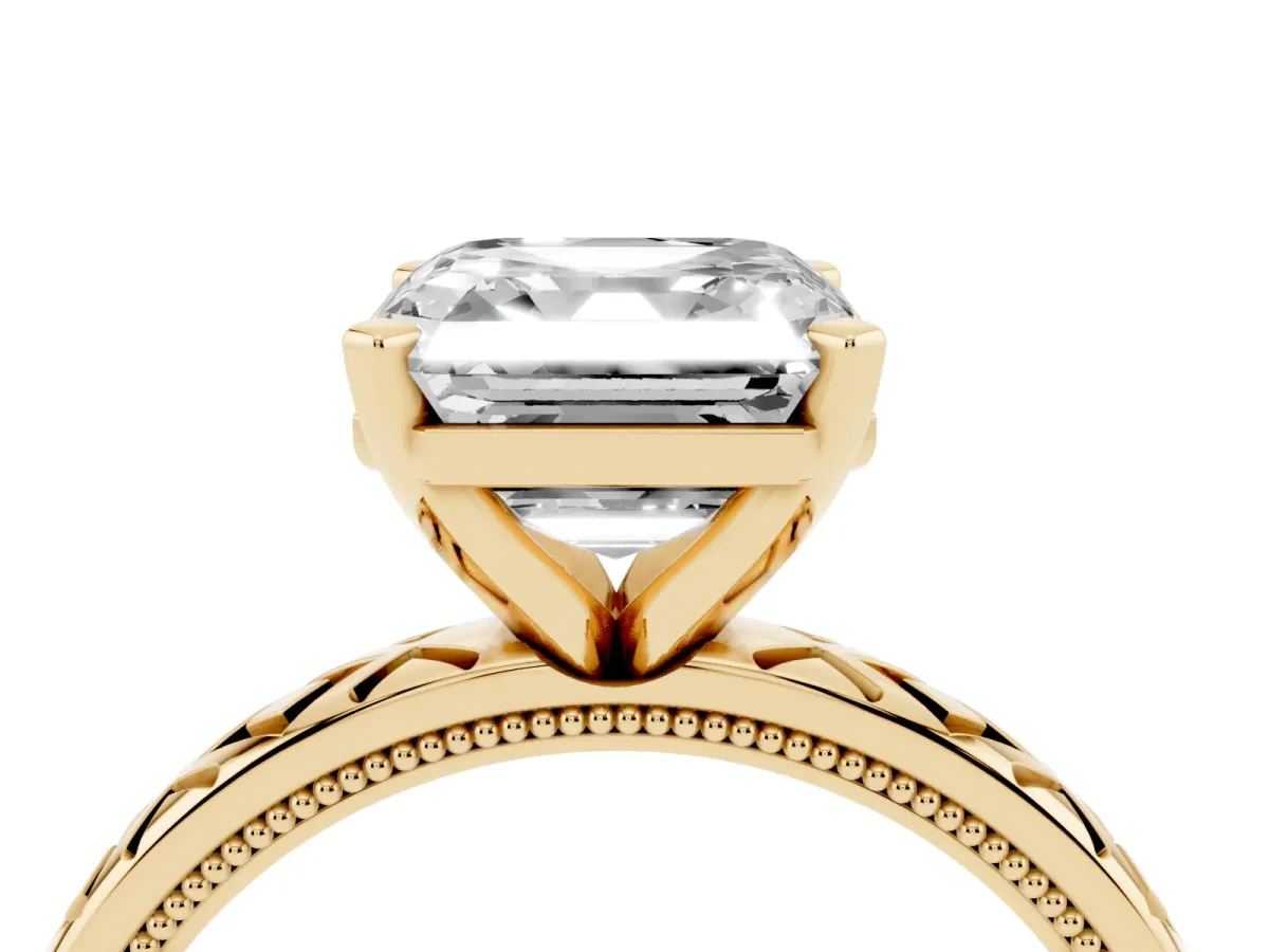 Asscher Cut Solitaire Diamond Ring with Milgrain and Black Enamel X Pattern Band Yellow gold