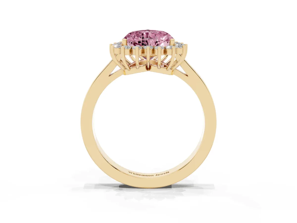 Fancy Pink Heart Cut Cut Diamond Halo Ring with Round Brilliant Halo and Solitaire Band Yellow gold