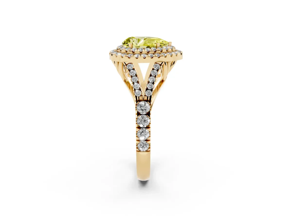 Fancy Yellow Pear Cut Cut Double Halo Split Shank Diamond Ring with Prong Setting Yellow gold