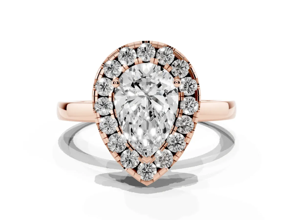 Pear Cut Halo Diamond Solitaire with Pavé Band and Four-Prong Setting Rose gold