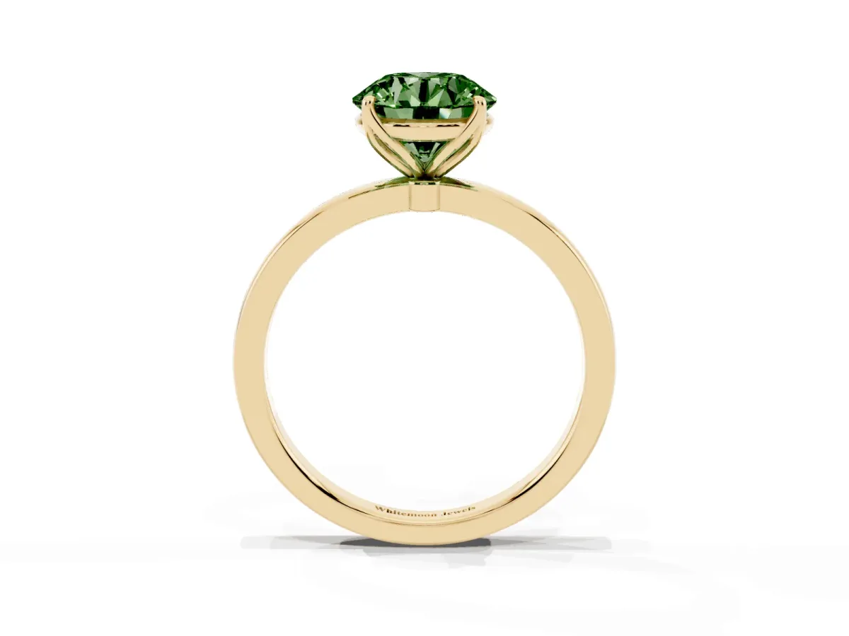 Fancy Green Round Cut Diamond Solitaire Ring with Thin Band and Prong Setting Yellow gold