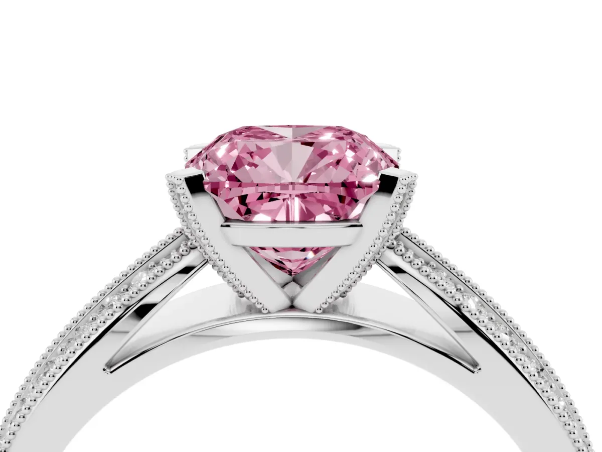 Fancy Pink Cushion Cut Diamond Solitaire Ring with Milgrain Round Pavé Band and Prong Setting Silver