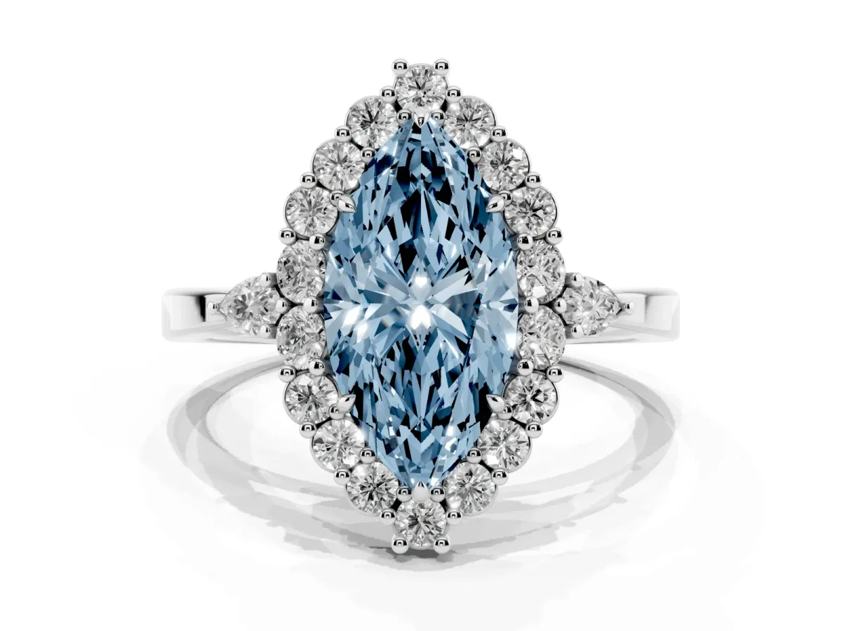 Fancy Blue Marquise Cut Diamond Halo Ring with Pear Side Stones and Prong Setting Silver
