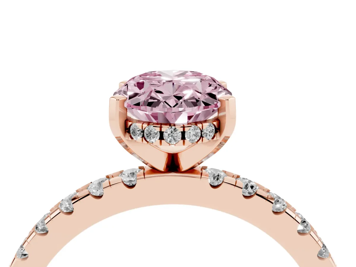 Fancy Pink Oval Cut Diamond Solitaire Ring with Round Pavé Band and Four-Prong Setting Rose gold