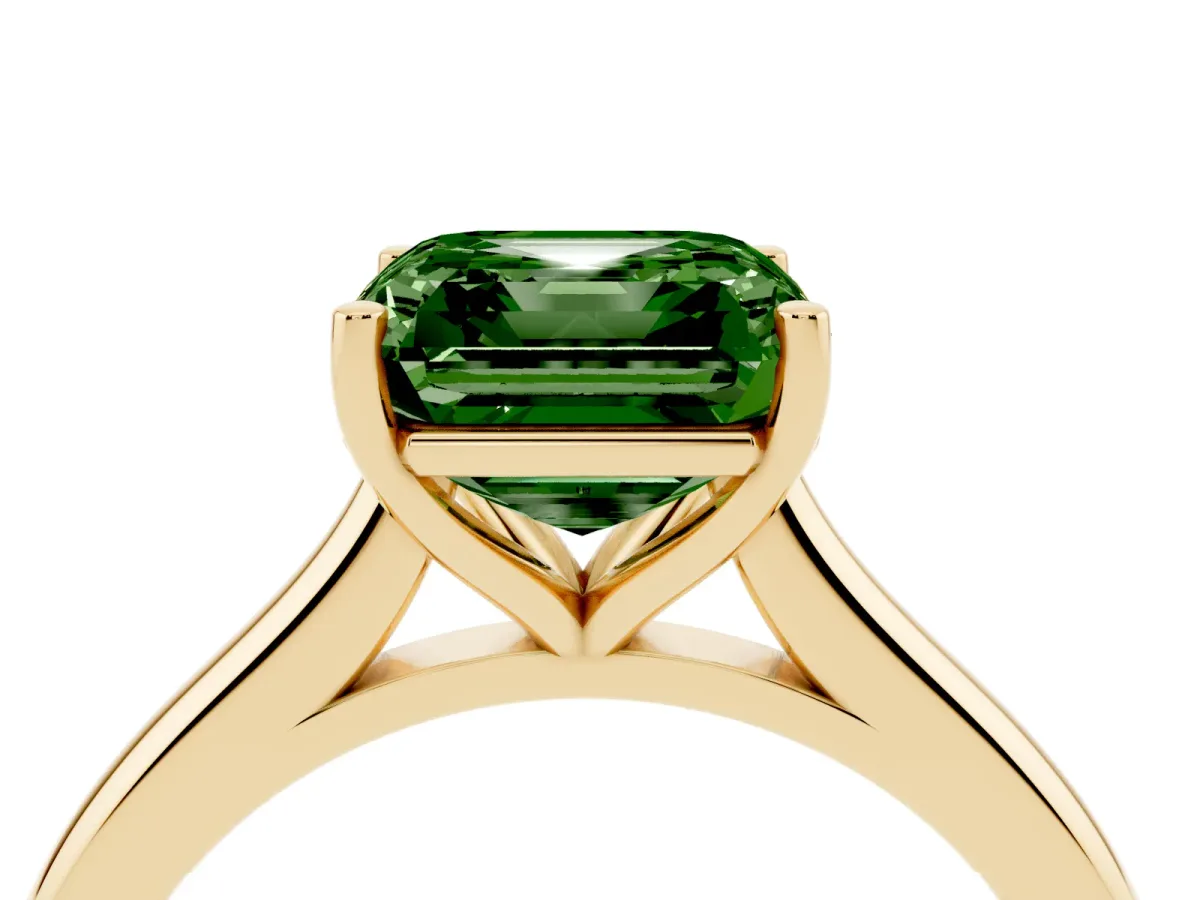 Fancy Green Asscher Cut Cut Solitaire Ring with Cathedral Band and Four-Prong Setting Yellow gold