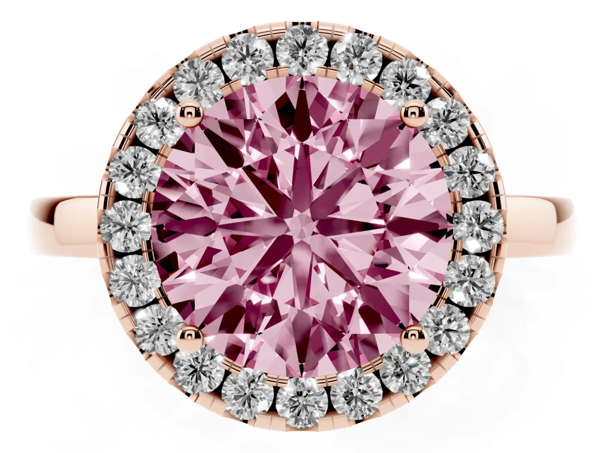 Fancy Pink Round Cut Halo Diamond Solitaire with Pavé Band and Four-Prong Setting Rose gold